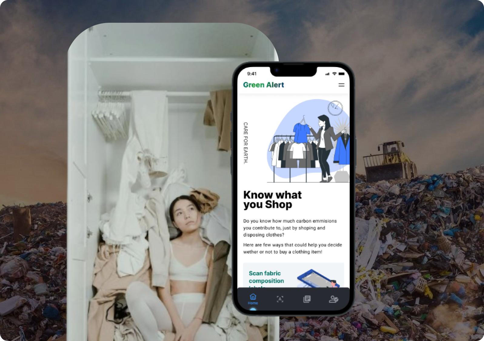 Green Alert App - Mobile screen showing conscious fashion shopping interface with sustainability awareness
