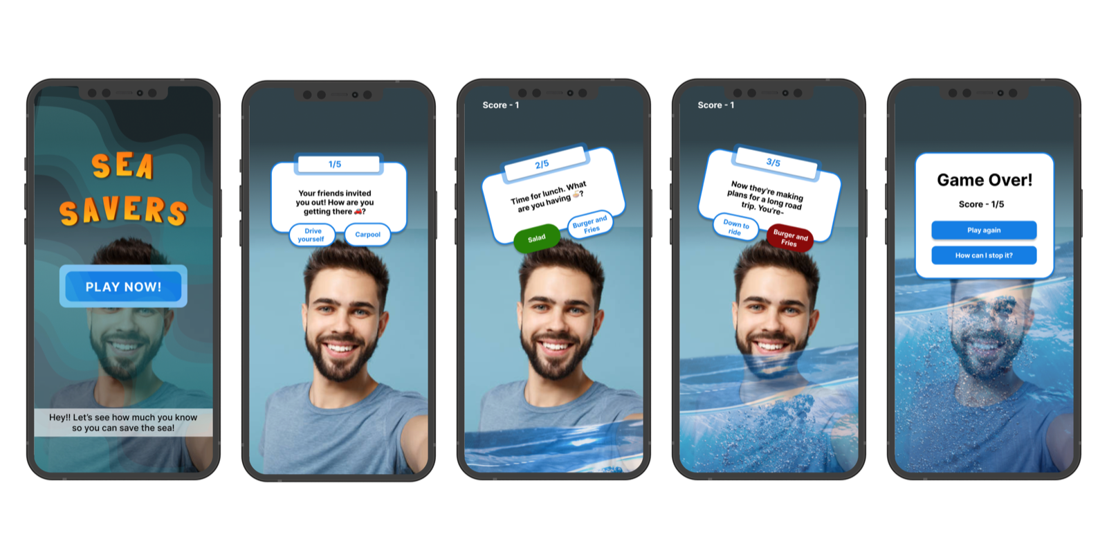 Sea Savers AR prototype - 5 mobile screens showing quiz flow from intro to game over with progressive water level rise
