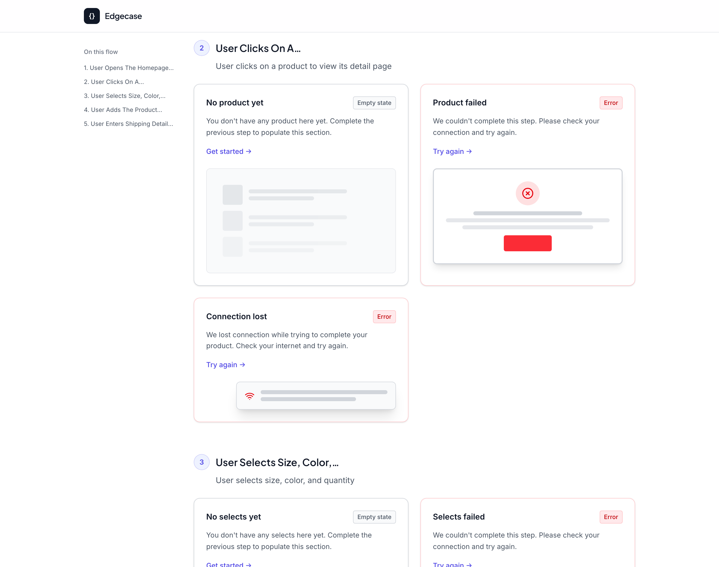 Edgecase results continuing into step 2 of a 5-step checkout flow, showing empty and error states for 'user clicks on a product', with a copy-as-image control visible on hover
