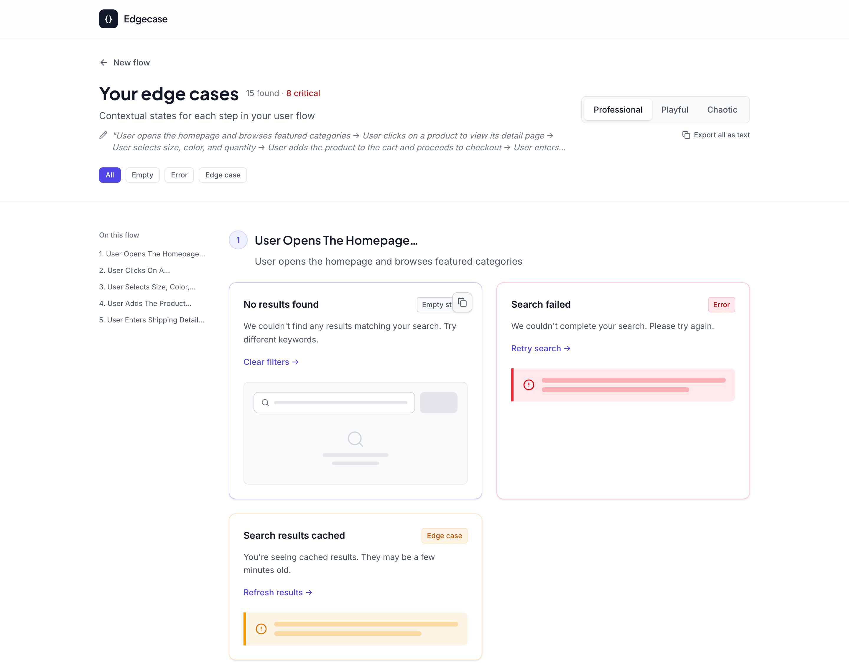 Edgecase results for 'User opens the homepage and browses featured categories', showing an empty state, an error state, and an edge case, each with a visual mockup