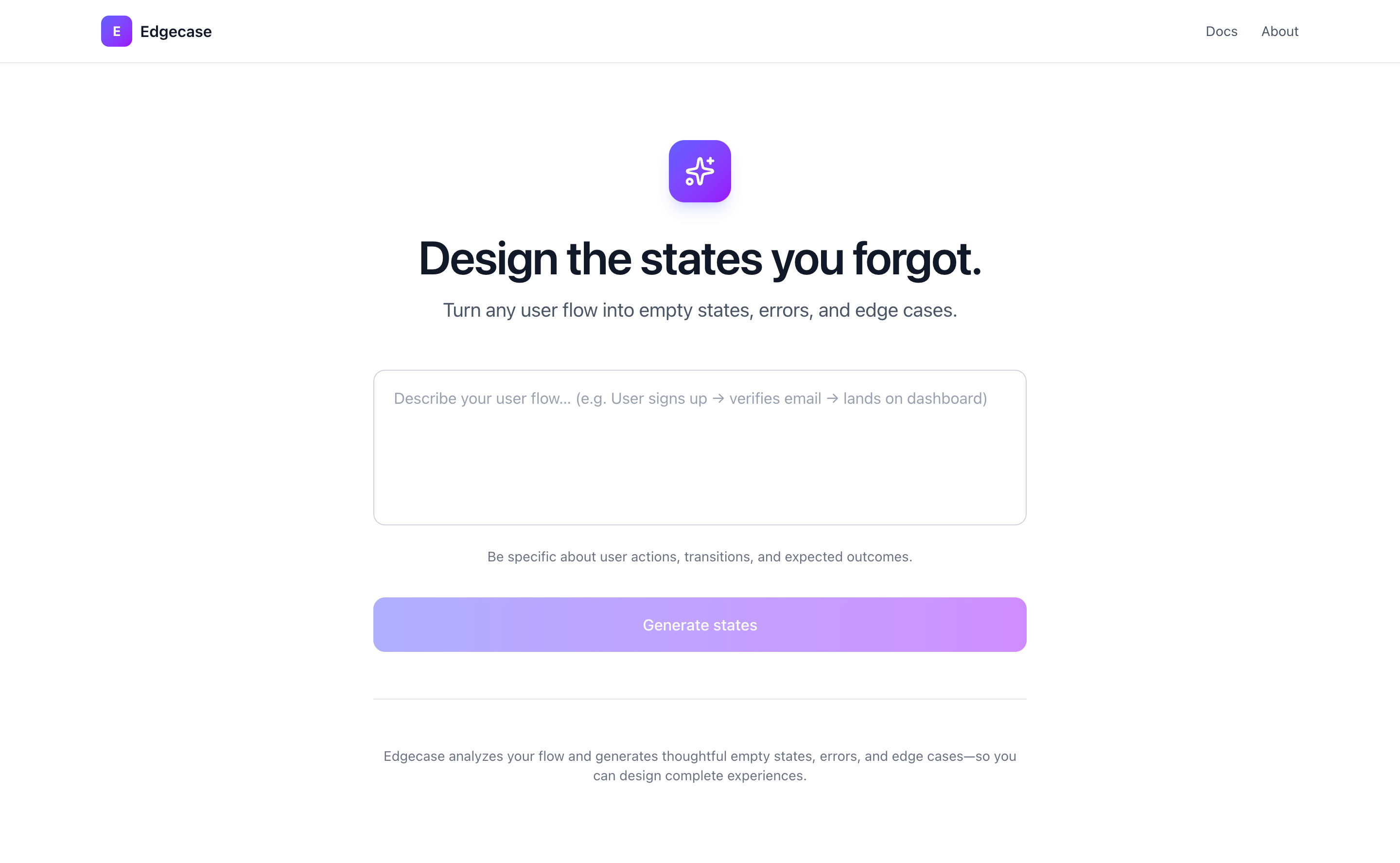 Edgecase - AI Edge Case Generator landing page showing user flow input and generation interface