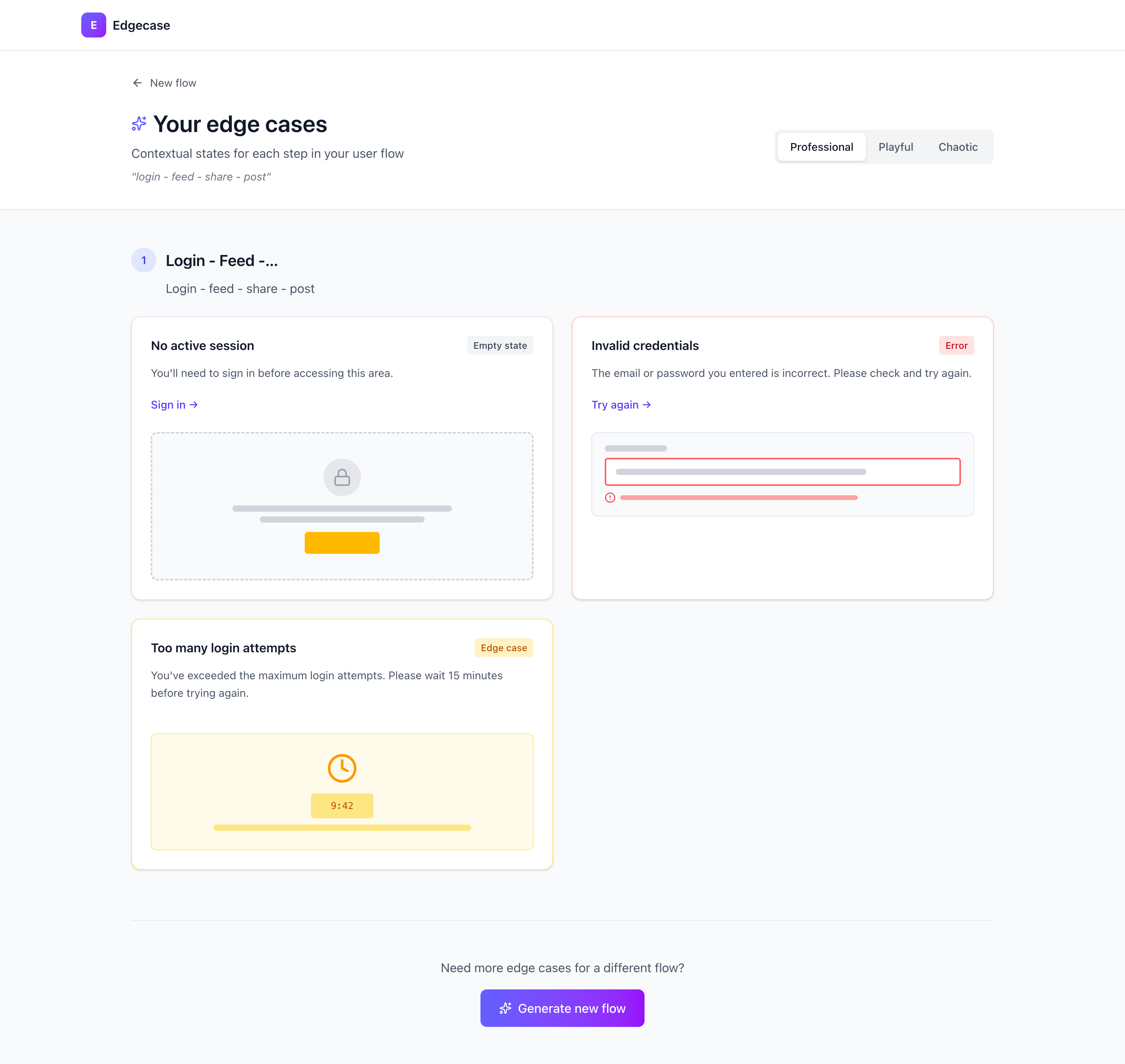 Edgecase results page showing AI-generated edge cases including 'No active session', 'Invalid credentials', and 'Too many login attempts' with visual mockups
